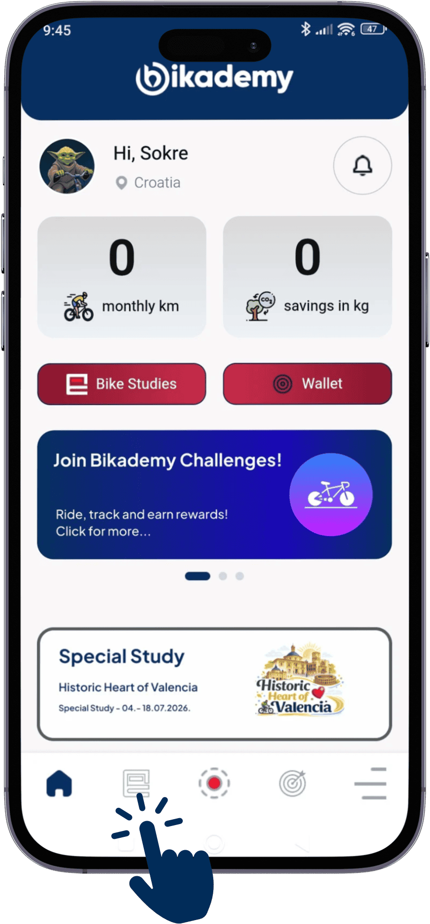 Bikademy app — home screen, open Studies