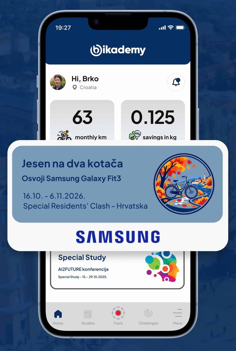 Početni zaslon Bikademy aplikacije s karticom izazova „Jesen na dva kotača – Osvoji Samsung Galaxy Fit3”, 16. 10. – 6. 11. 2026., Special Residents’ Clash – Hrvatska