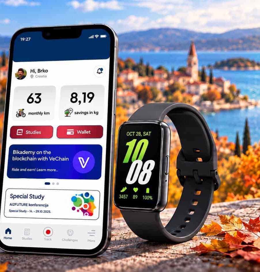 Bikademy aplikacija na mobitelu i pametna narukvica Samsung Galaxy Fit3 na kamenom zidu, u pozadini jesensko lišće i primorski gradić s crkvenim zvonikom