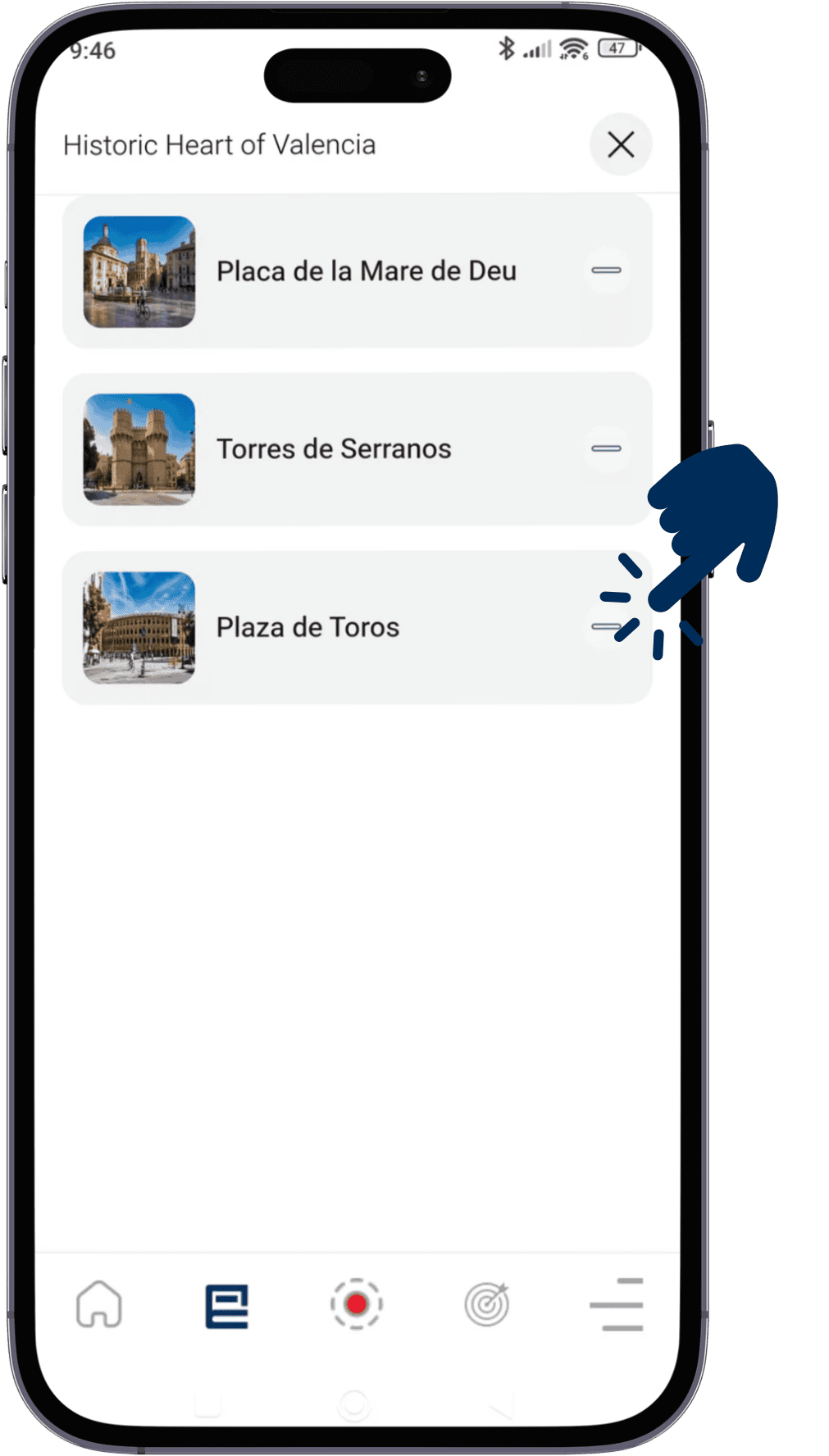 Historic Heart of Valencia checkpoint list in the Bikademy app