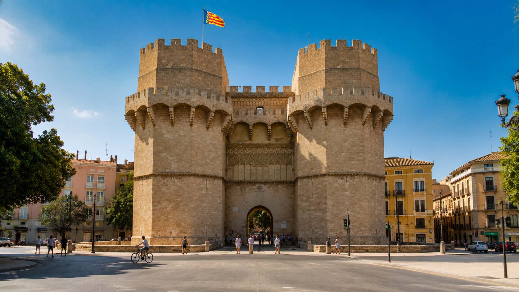 Torres de Serranos, a medieval city gate in Valencia, viewed from the street