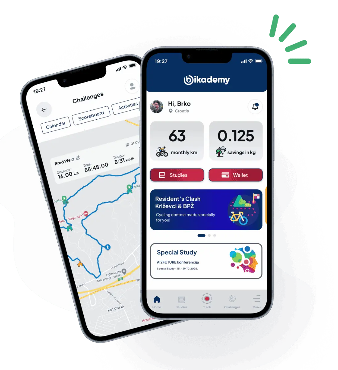 Bikademy app: a Challenges ride map and the home screen with monthly kilometres and CO₂ savings