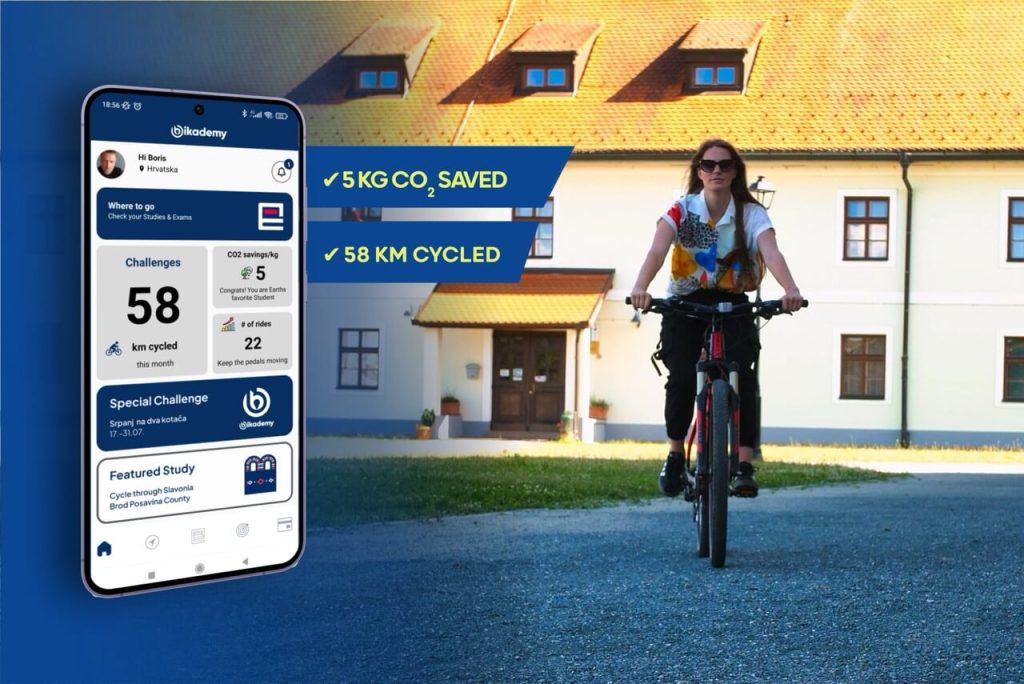 Biciklistica vozi uz prikaz aplikacije Bikademy: 58 km odvoženo i 5 kg uštede CO₂